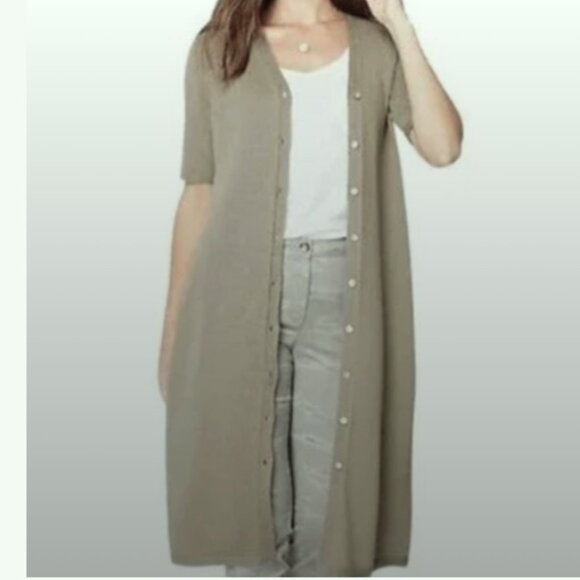 J. Jill Long Linen-Blend Elbow-Sleeve Cardigan Elegant Sage Green Medium duster - Picture 2 of 11